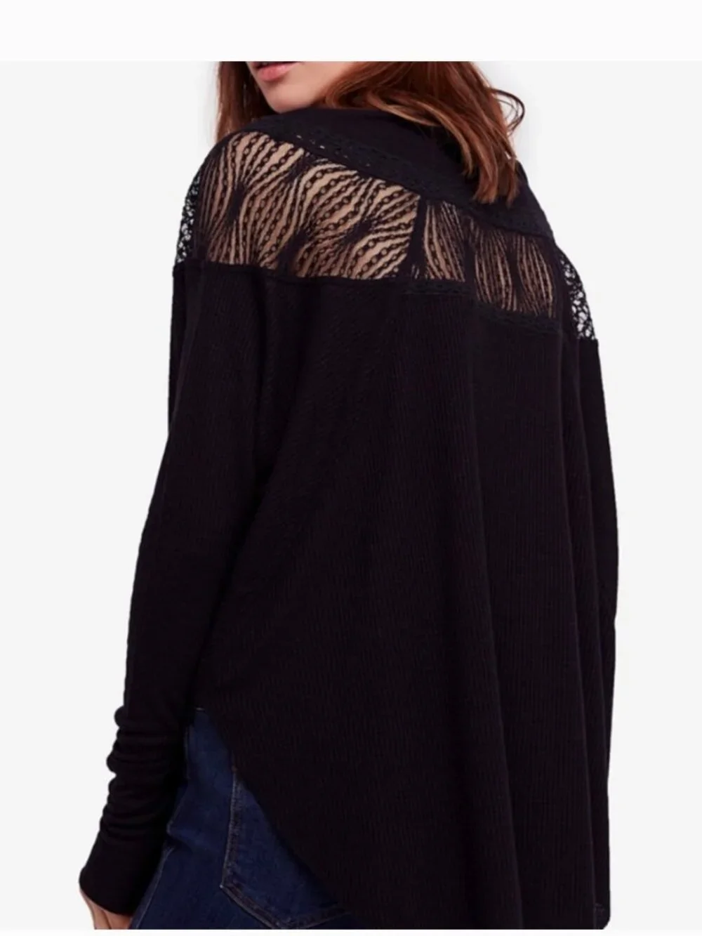 Free People Spring Valley Top XS Black Waffle Knit Lace Yoke Boho